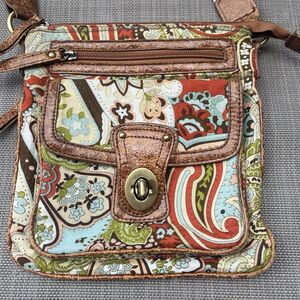 ALBA Boho Paisley Canvas Crossbody Bag Floral Multi-Pocket Brown Trim